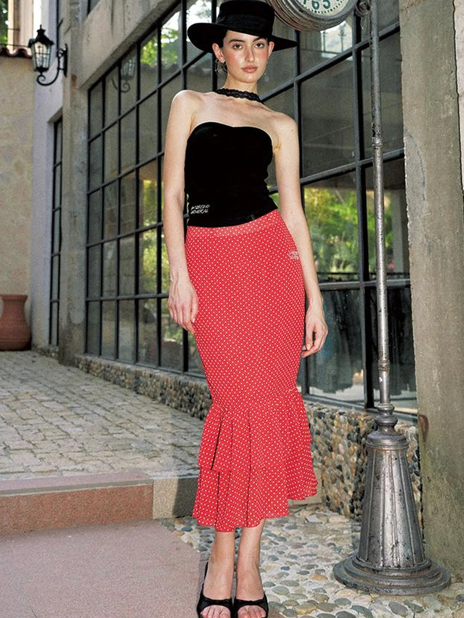 Red Polka Dot Knit Two Piece Dress Set V Neck T Shirt Long Sleeve