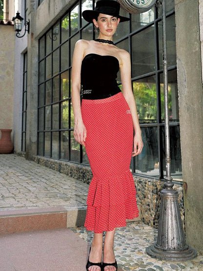 Red Polka Dot Knit Two Piece Dress Set V Neck T Shirt Long Sleeve