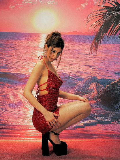 Anti Being General Red Sequin Draped Neck Back Tie Halter Women&