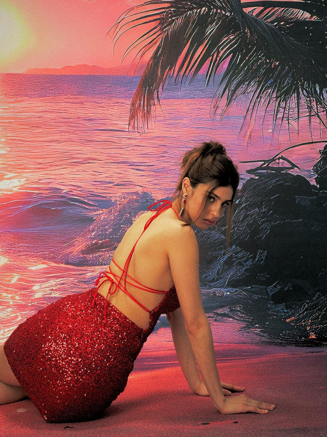Anti Being General Red Sequin Draped Neck Back Tie Halter Women&
