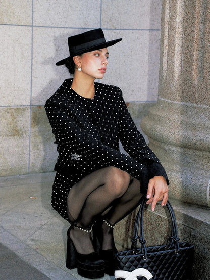 Anti Being General Retro Polka Dot Stretch Wool Blend Mini Dress Set Suits