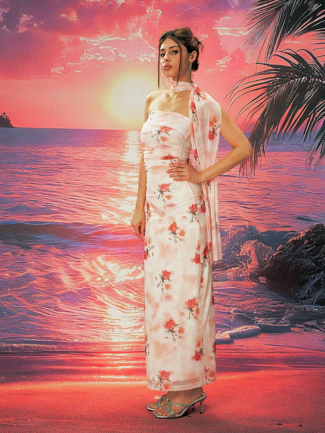 Anti Being General Rose Print Mesh Slit Bodycon Women&