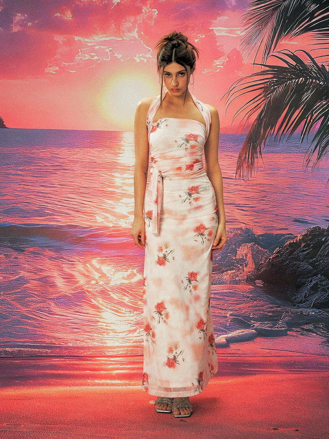 Anti Being General Rose Print Mesh Slit Bodycon Women&