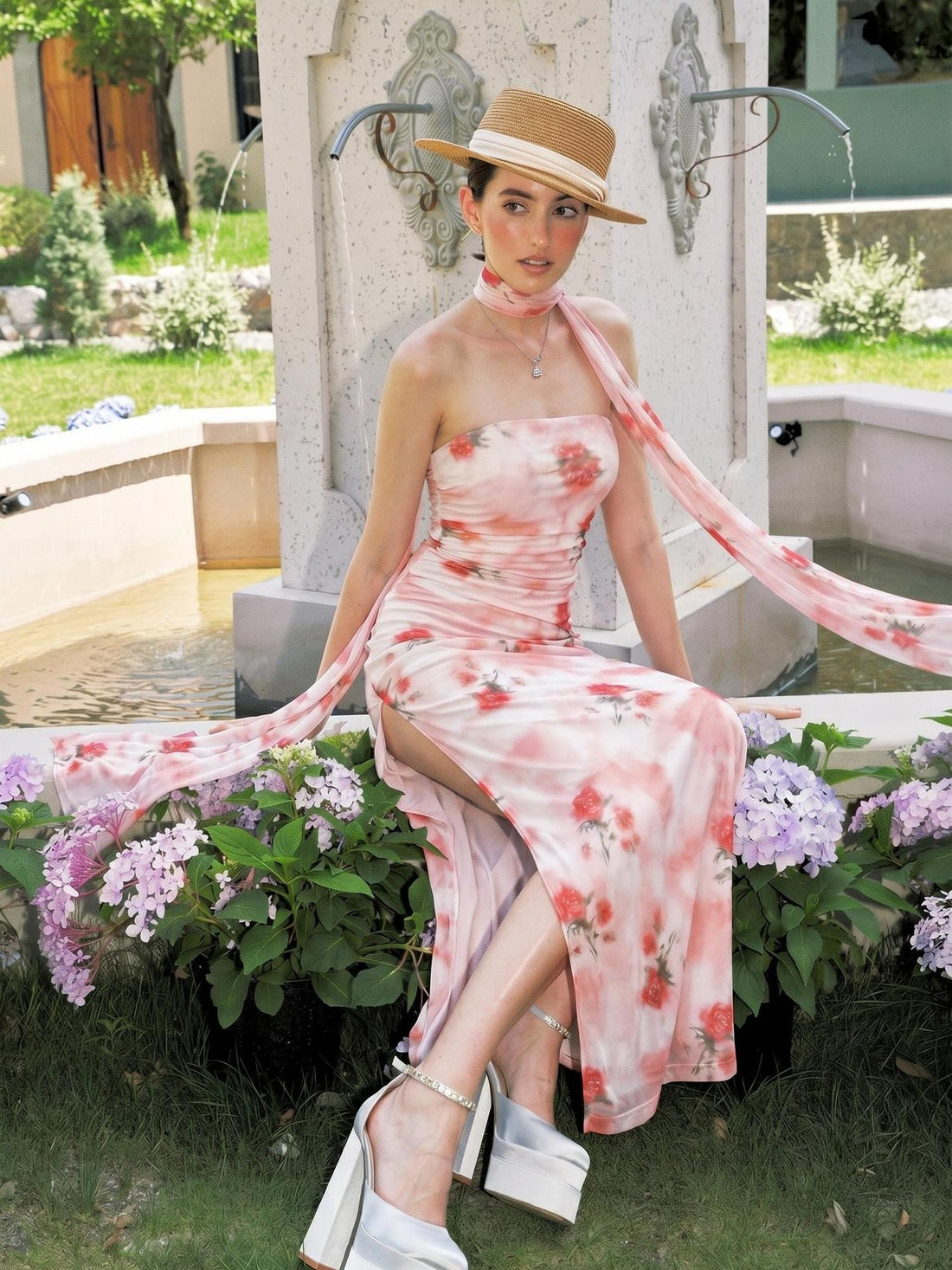 Anti Being General Rose Print Sheer Mesh Slit Women&