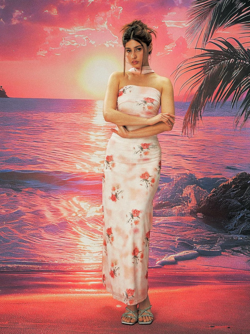 Anti Being General Rose Print Sheer Mesh Slit Women&
