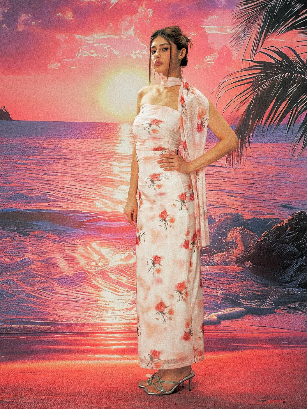 Anti Being General Rose Print Sheer Mesh Slit Women&