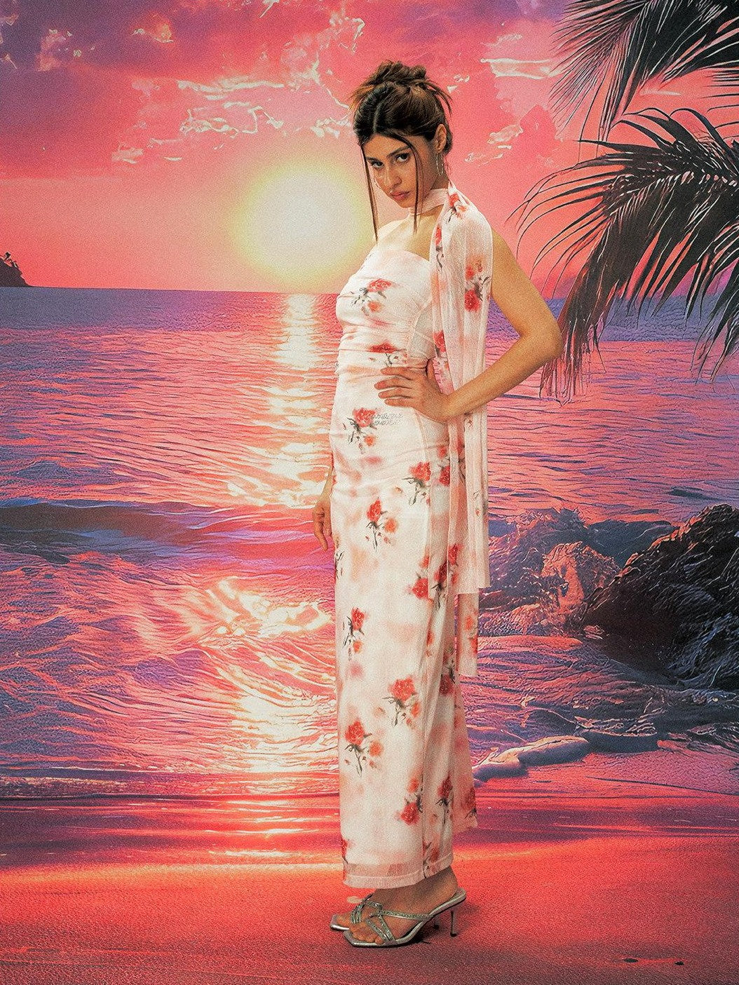 Anti Being General Rose Print Sheer Mesh Slit Women&
