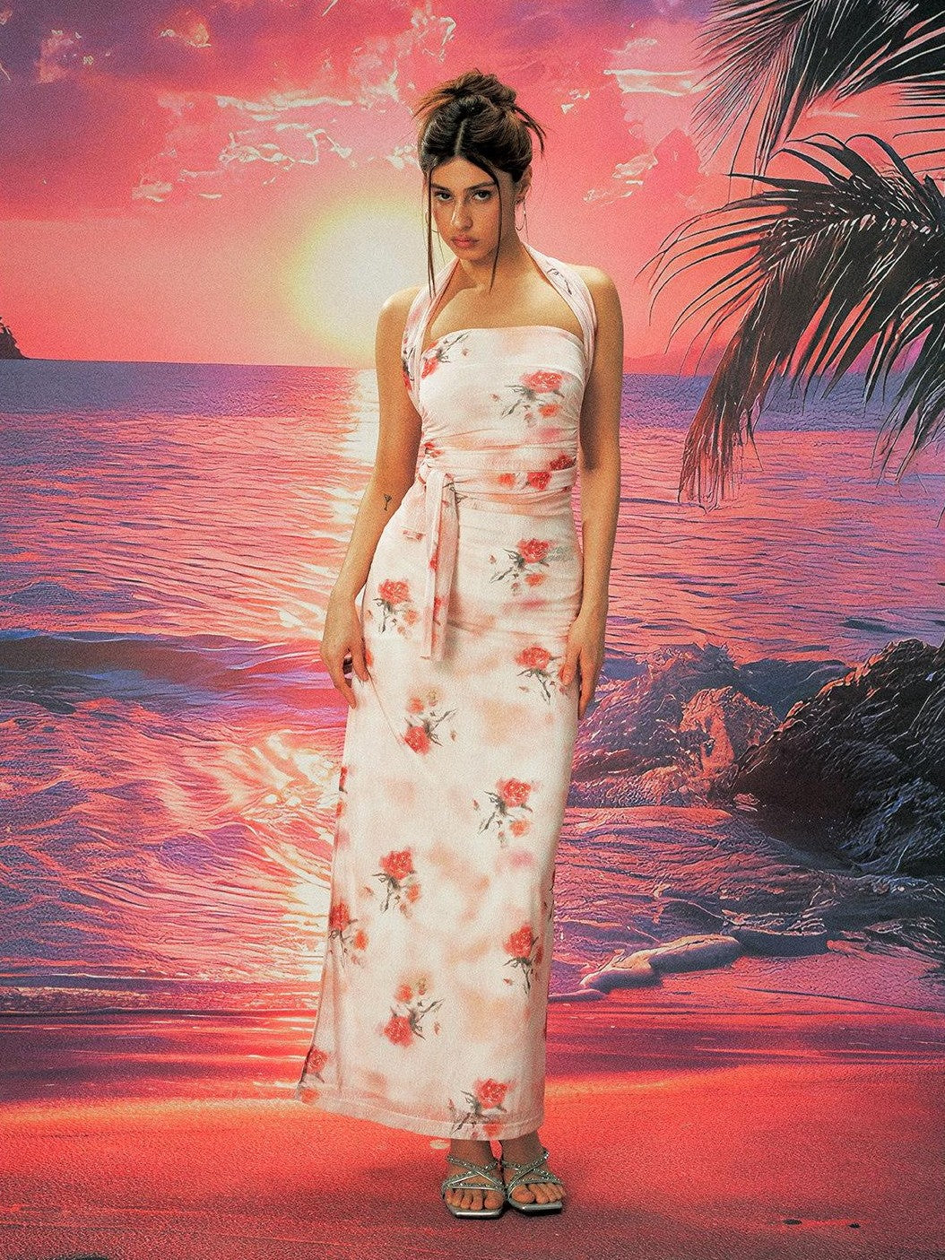 Anti Being General Rose Print Sheer Mesh Slit Women&