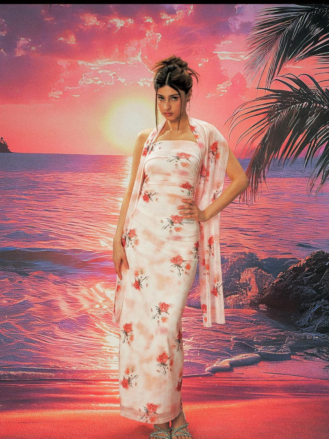 Anti Being General Rose Print Sheer Mesh Slit Women&