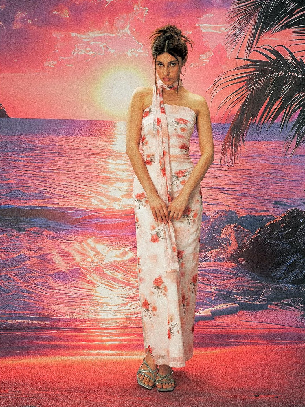 Anti Being General Rose Print Sheer Mesh Slit Women&