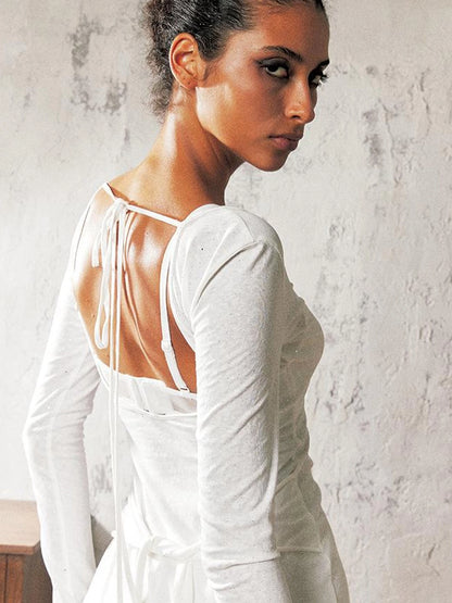 Sculpted Knit Mini Dress V-Neck T-Shirt Long-Sleeve