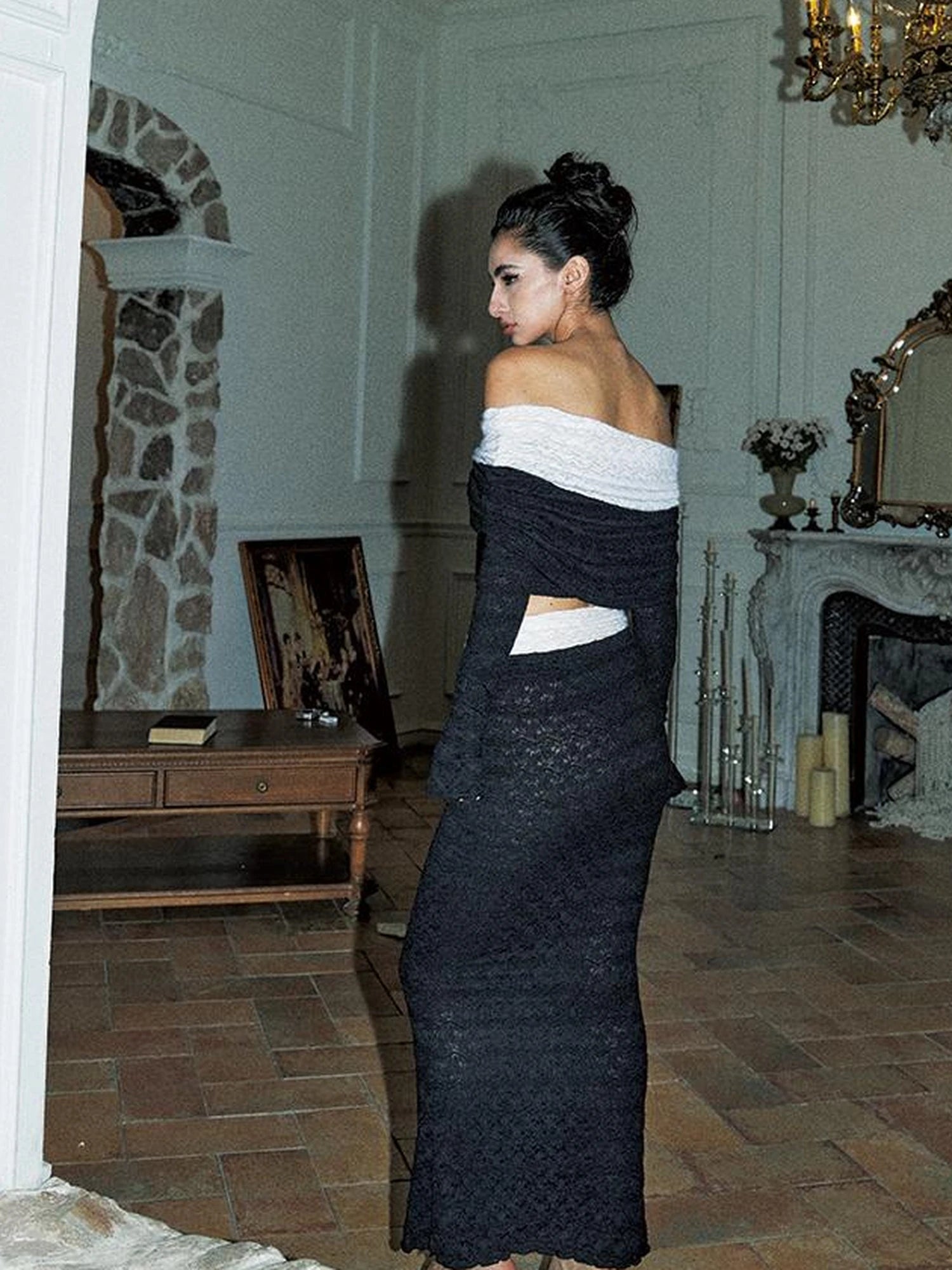 Sexy Black White Lace Contrast Long Dress V Neck Long Sleeve