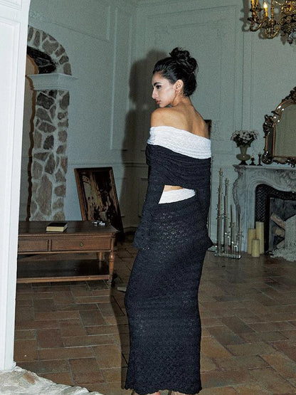 Sexy Black White Lace Contrast Long Dress V Neck Long Sleeve