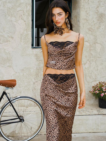 Update Anti Being General Sexy Leopard Print Lace Trimmed Slip Dress Set with Draped Neckline
