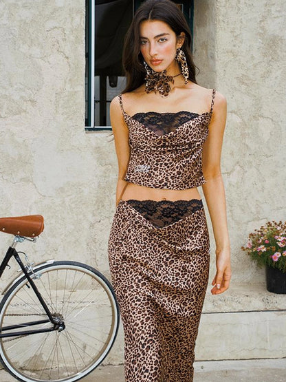 Leopard Print Lace Trimmed Slip Dress Set with Draped Neckline