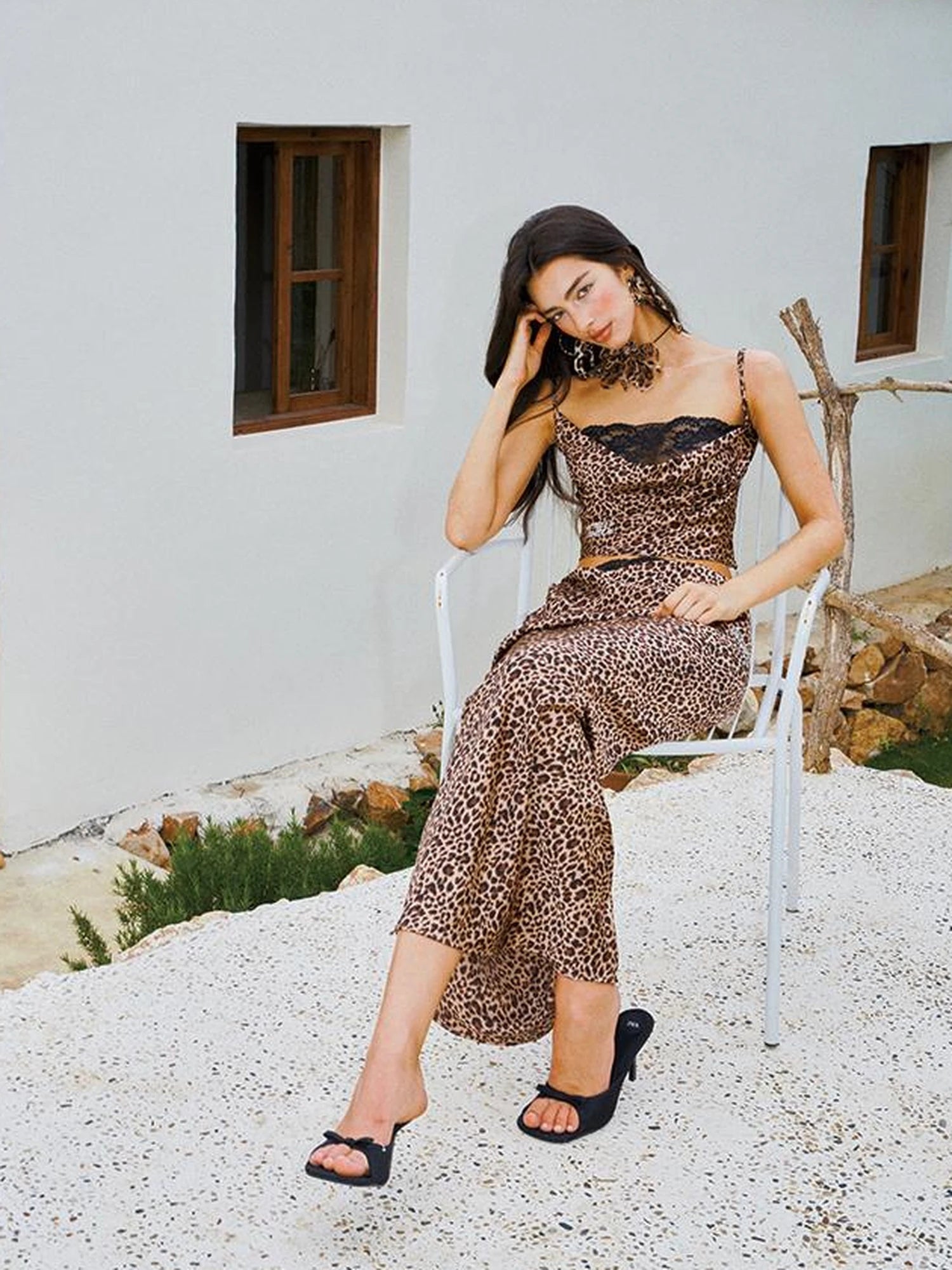 Leopard Print Lace Trimmed Slip Dress Set with Draped Neckline