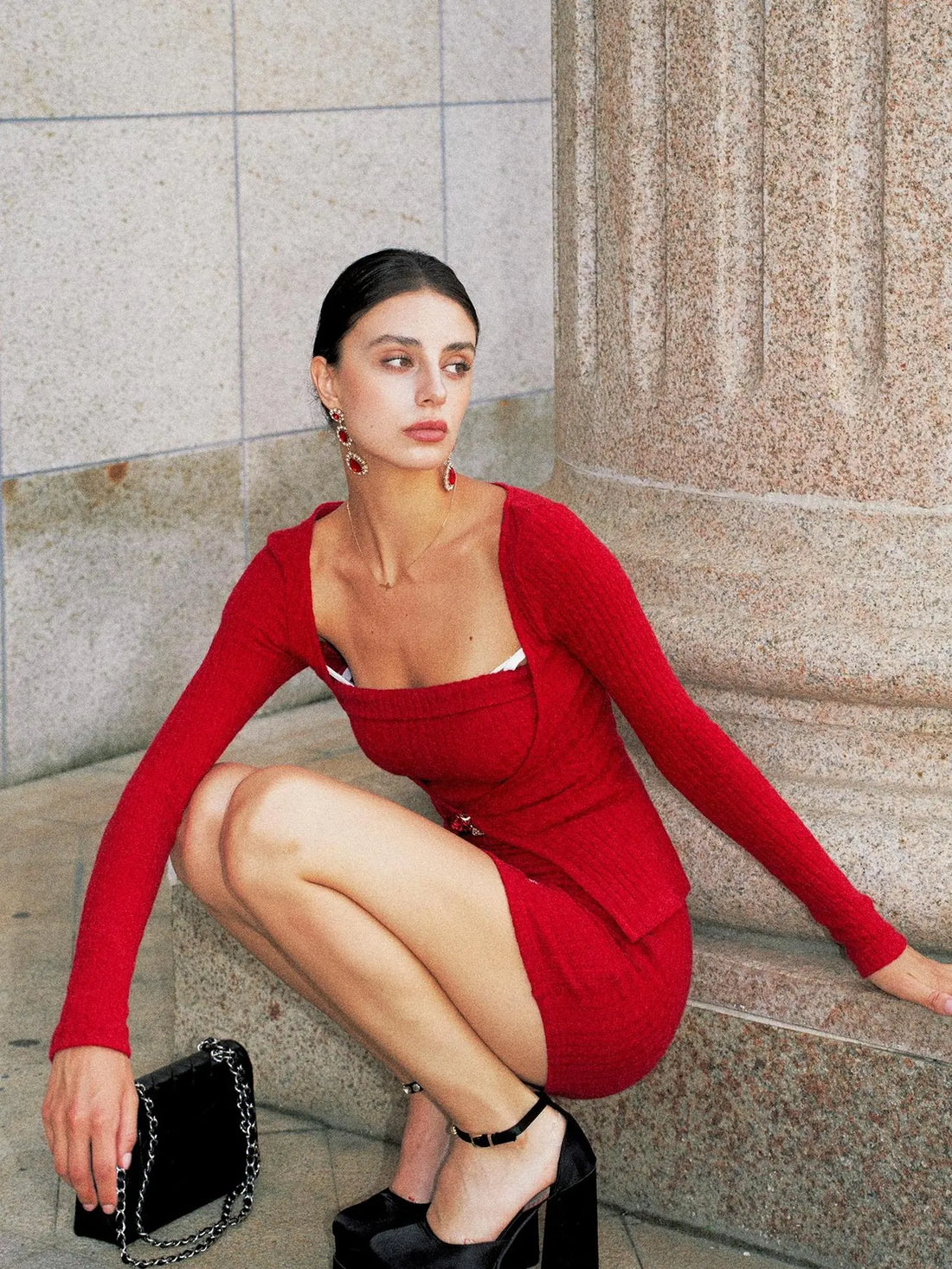 Anti Being General Sexy Red Knit Tube Top Dress With Long Sleeve Cover Cardigan