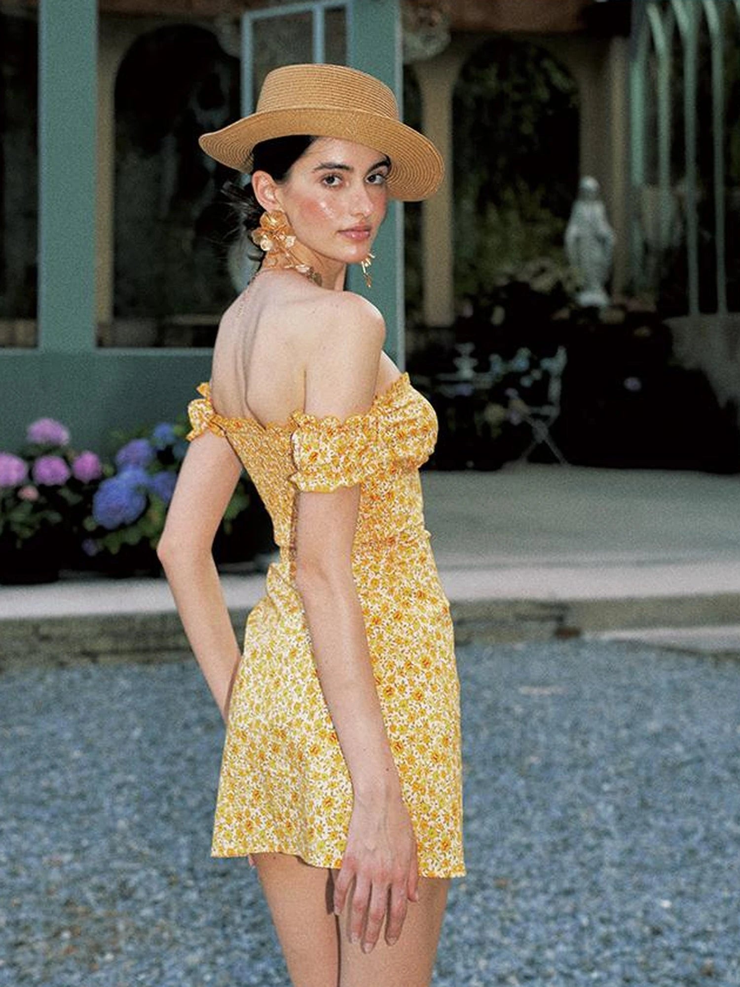 Single Breasted Bubble Sleeve Off Shoulder Mini Dress