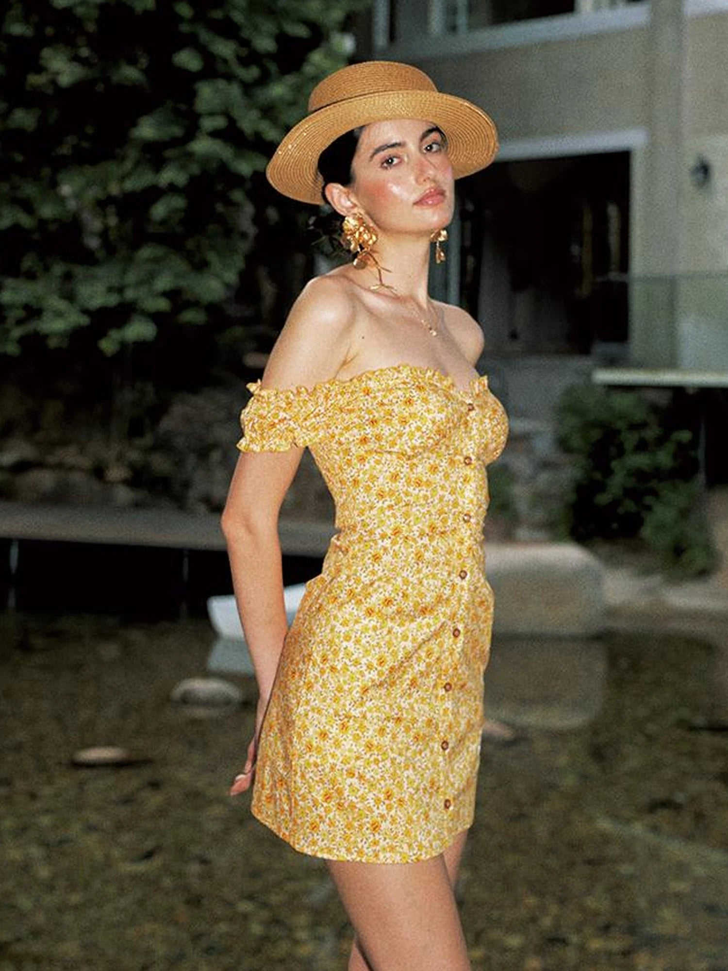 Single Breasted Bubble Sleeve Off Shoulder Mini Dress