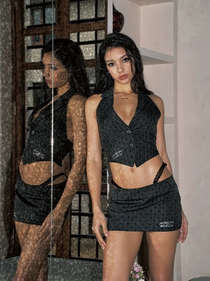 Anti Being General Sleeveless Halter Stripe Mini Dress Set Suits