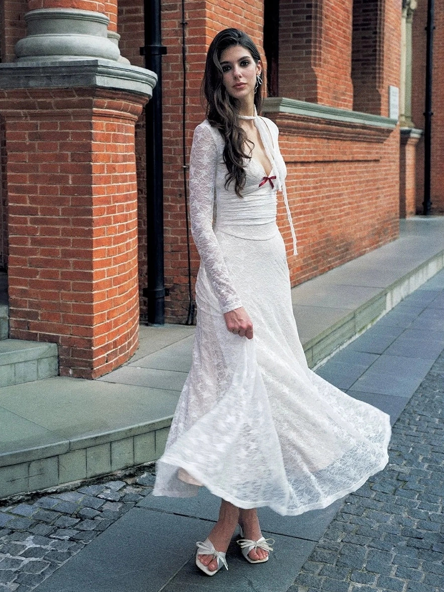 Anti Being General Slim Fit V-Neck Lace Trim Long Sleeve Dress Dresses