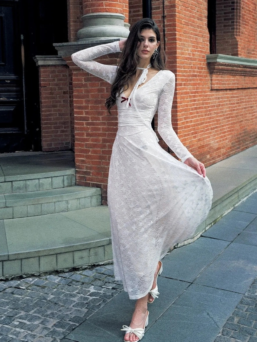 Anti Being General Slim Fit V-Neck Lace Trim Long Sleeve Dress Dresses