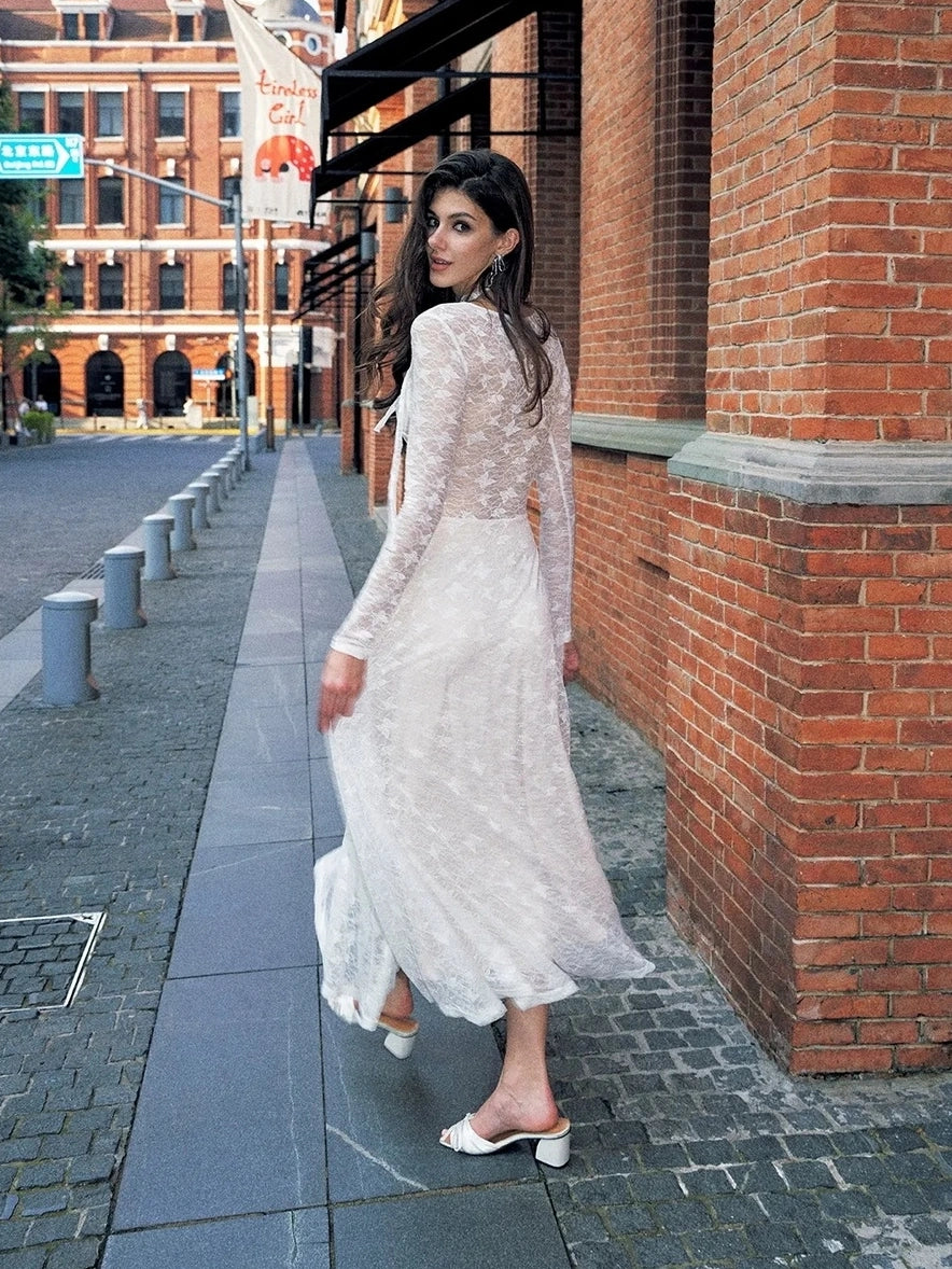 Anti Being General Slim Fit V-Neck Lace Trim Long Sleeve Dress Dresses