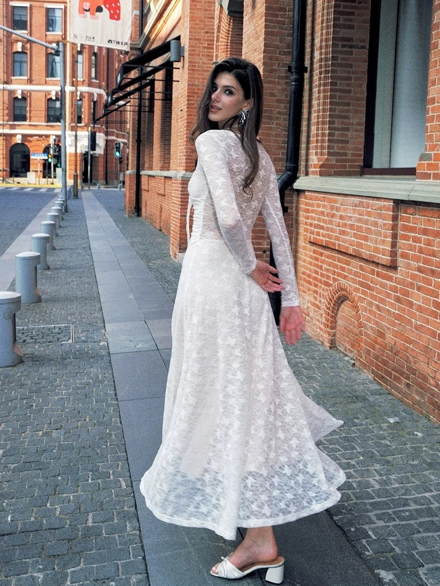 Anti Being General Slim Fit V-Neck Lace Trim Long Sleeve Dress Dresses