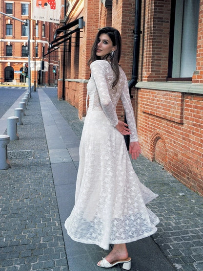 Anti Being General Slim Fit V-Neck Lace Trim Long Sleeve Dress Dresses