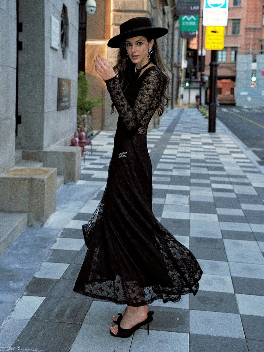 Anti Being General Slim Fit V-Neck Lace Trim Long Sleeve Dress Dresses