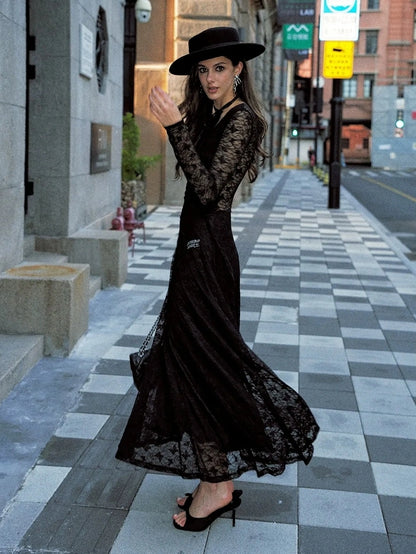 Anti Being General Slim Fit V-Neck Lace Trim Long Sleeve Dress Dresses