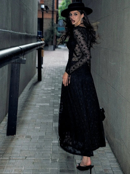 Anti Being General Slim Fit V-Neck Lace Trim Long Sleeve Dress Dresses