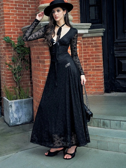 Anti Being General Slim Fit V-Neck Lace Trim Long Sleeve Dress Dresses