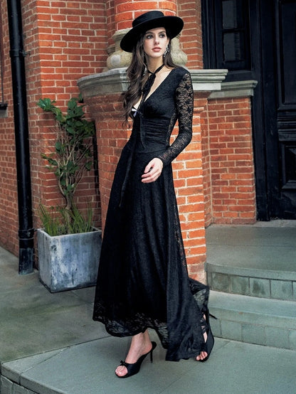 Anti Being General Slim Fit V-Neck Lace Trim Long Sleeve Dress Dresses