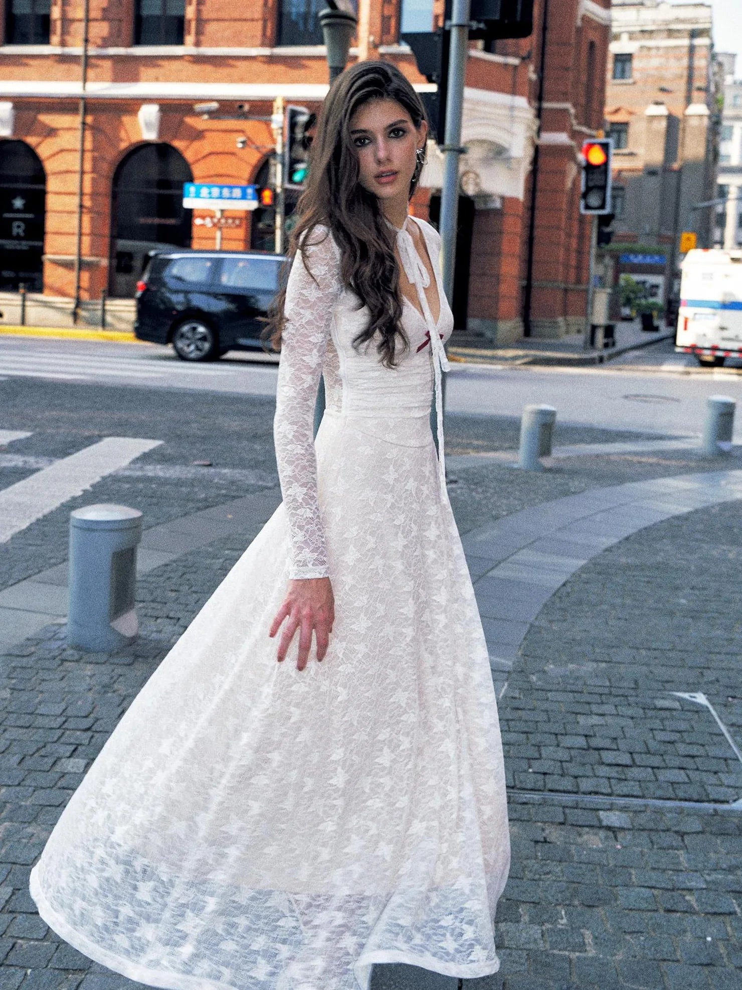 Anti Being General Slim Fit V-Neck Lace Trim Long Sleeve Dress Dresses