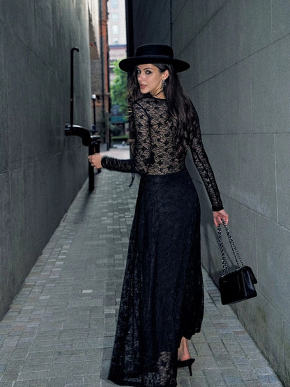 Anti Being General Slim Fit V-Neck Lace Trim Long Sleeve Dress Dresses