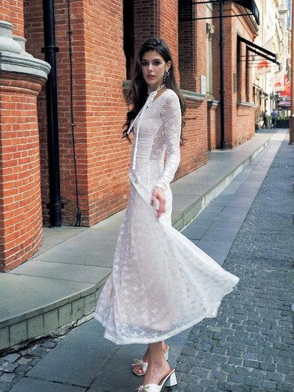 Anti Being General Slim Fit V-Neck Lace Trim Long Sleeve Dress Dresses