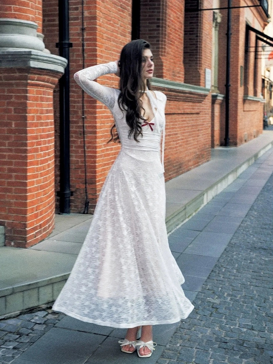 Anti Being General Slim Fit V-Neck Lace Trim Long Sleeve Dress Dresses