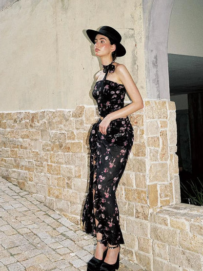 Slit Neckline Bandage Bodycon Maxi Dress Set