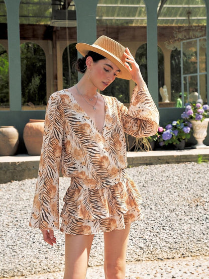 Anti Being General Tiger Print V-neck Open Front Retro Long Sleeve Women&