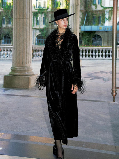 Anti Being General V-neck Belted Ostrich Feather Black Velvet Long Coat Coat