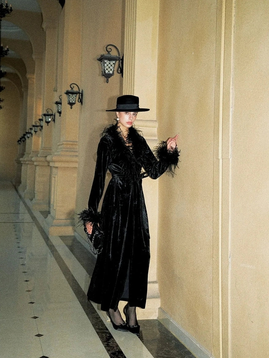 Anti Being General V-neck Belted Ostrich Feather Black Velvet Long Coat Coat