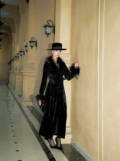 Anti Being General V-neck Belted Ostrich Feather Black Velvet Long Coat Coat