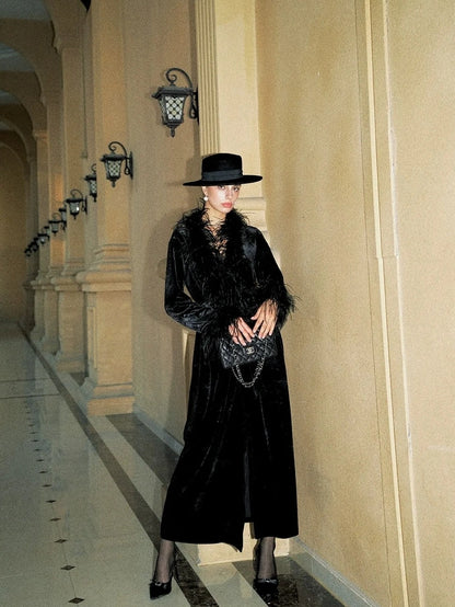 Anti Being General V-neck Belted Ostrich Feather Black Velvet Long Coat Coat