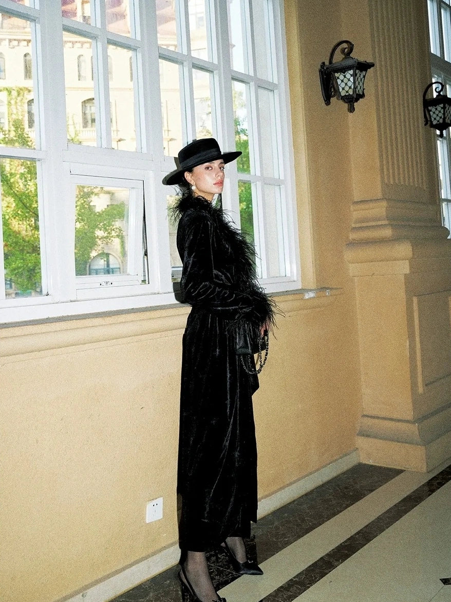 Anti Being General V-neck Belted Ostrich Feather Black Velvet Long Coat Coat