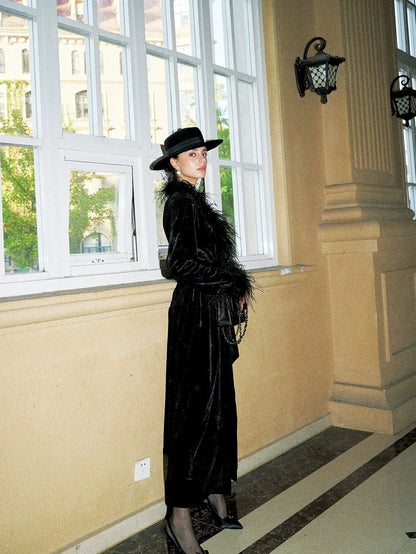 Anti Being General V-neck Belted Ostrich Feather Black Velvet Long Coat Coat