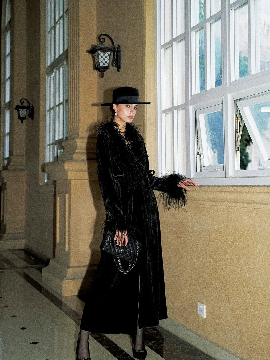Anti Being General V-neck Belted Ostrich Feather Black Velvet Long Coat Coat