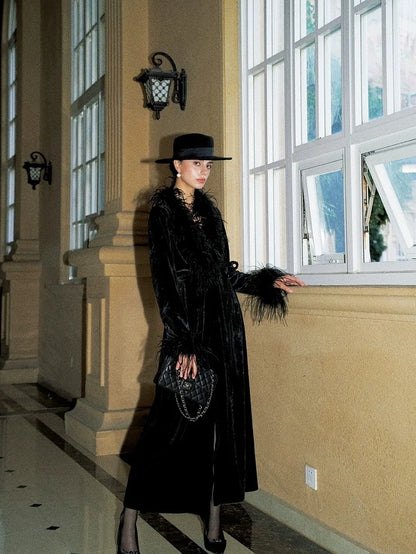 Anti Being General V-neck Belted Ostrich Feather Black Velvet Long Coat Coat