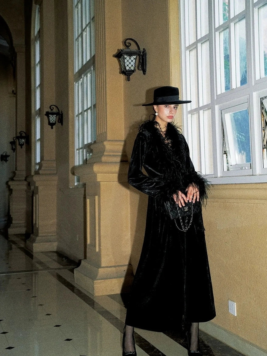 Anti Being General V-neck Belted Ostrich Feather Black Velvet Long Coat Coat