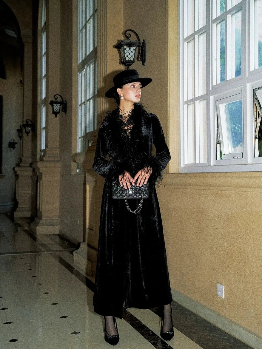 Anti Being General V-neck Belted Ostrich Feather Black Velvet Long Coat Coat